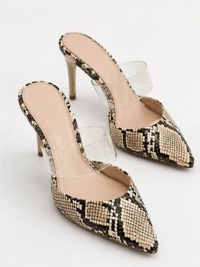 Zara Snake Print Clear Strap Mule Heels Size 38 Pointed Toe Stiletto
